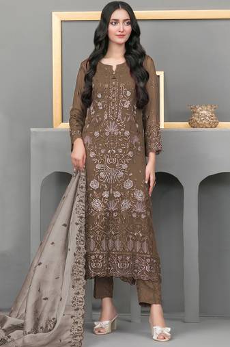 Dark chiku color embroideried faux georgette semi stitched salwar suit