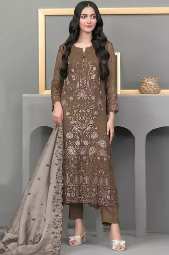 Dark chiku color embroideried faux georgette semi stitched salwar suit