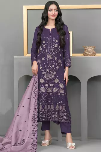 Dark purple color embroideried faux georgette semi stitched salwar suit