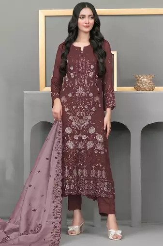 Dark maroon color embroideried faux georgette semi stitched salwar suit