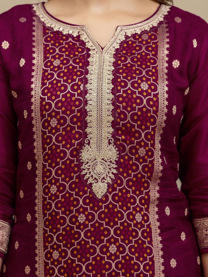 Jaquard Silk Embroidery Sequence Work Kurta Pant Set with Dupatta