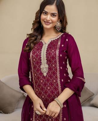 Jaquard Silk Embroidery Sequence Work Kurta Pant Set with Dupatta 6