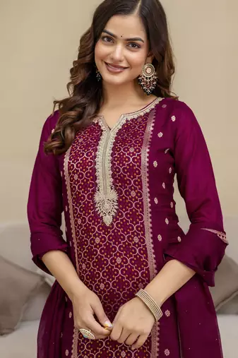 Trendmalls Jaquard Silk Embroidery Sequence Work Kurta Pant Set with Dupatta
