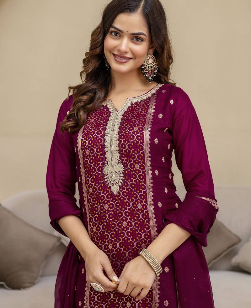 Jaquard Silk Embroidery Sequence Work Kurta Pant Set with Dupatta