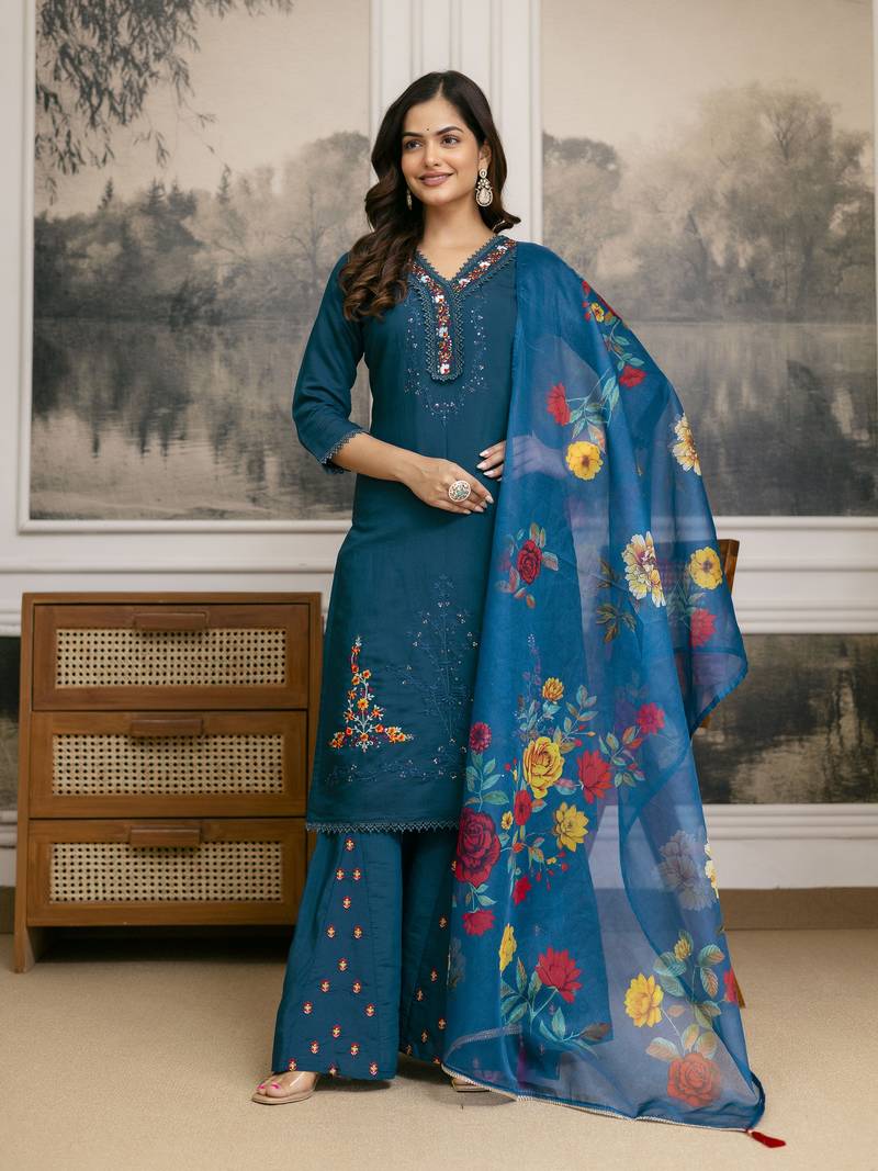 Cotton Silk Hand Work Embroidery Kurta Palazzo Set with Printed Dupatta 