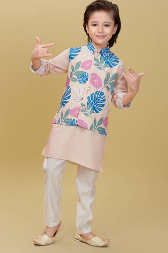 Beige printed cotton silk kurta pajama nehru jacket set