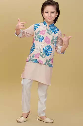 Beige printed cotton silk kurta pajama nehru jacket set