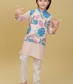 Beige printed cotton silk kurta pajama nehru jacket set