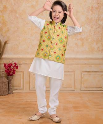 Yellow printed cotton silk kurta pajama nehru jacket set 1