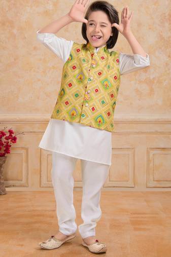 Yellow printed cotton silk kurta pajama nehru jacket set