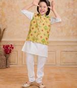 Yellow printed cotton silk kurta pajama nehru jacket set