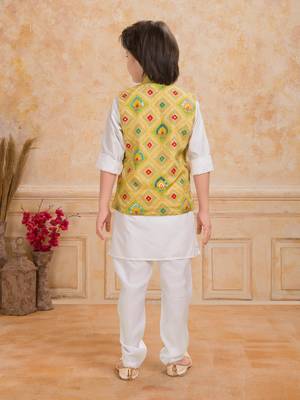 Yellow printed cotton silk kurta pajama nehru jacket set 2