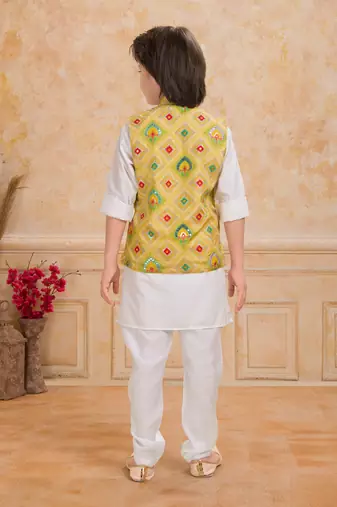 Yellow printed cotton silk kurta pajama nehru jacket set