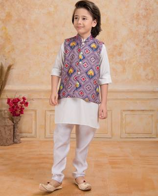 Lilac printed cotton silk kurta pajama nehru jacket set 1
