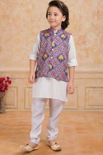 Lilac printed cotton silk kurta pajama nehru jacket set