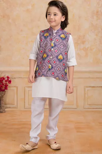 Lilac printed cotton silk kurta pajama nehru jacket set