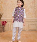 Lilac printed cotton silk kurta pajama nehru jacket set