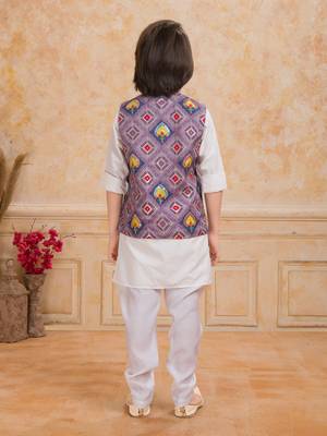 Lilac printed cotton silk kurta pajama nehru jacket set 2