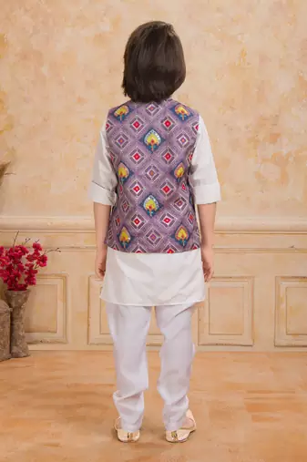 Lilac printed cotton silk kurta pajama nehru jacket set