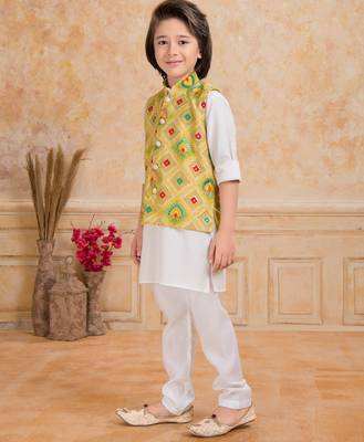 Yellow printed cotton silk kurta pajama nehru jacket set 3