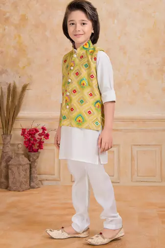Yellow printed cotton silk kurta pajama nehru jacket set