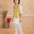 Yellow printed cotton silk kurta pajama nehru jacket set