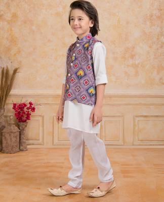 Lilac printed cotton silk kurta pajama nehru jacket set 3
