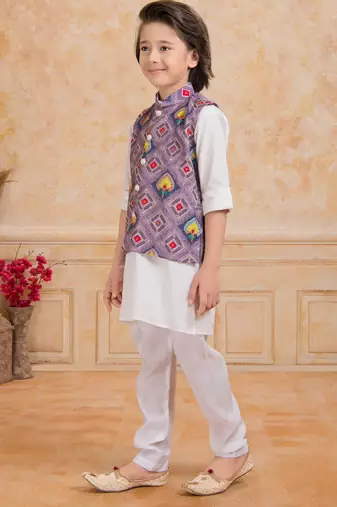 Lilac printed cotton silk kurta pajama nehru jacket set