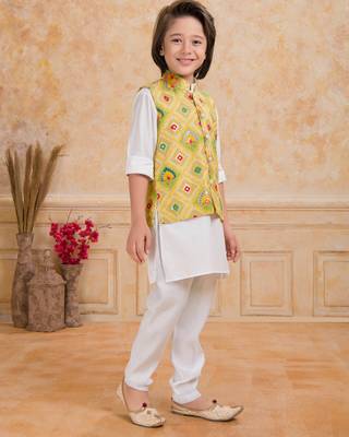 Yellow printed cotton silk kurta pajama nehru jacket set 4