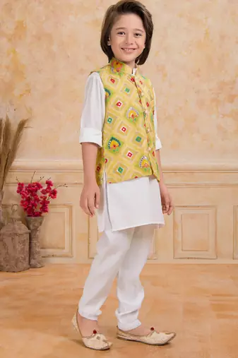 Yellow printed cotton silk kurta pajama nehru jacket set