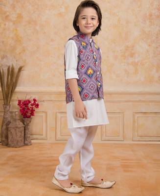 Lilac printed cotton silk kurta pajama nehru jacket set 4