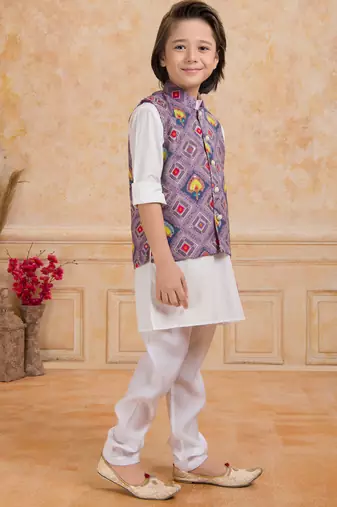 Lilac printed cotton silk kurta pajama nehru jacket set