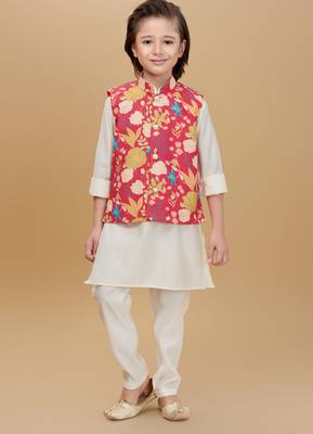 Red printed cotton silk kurta pajama nehru jacket set 1