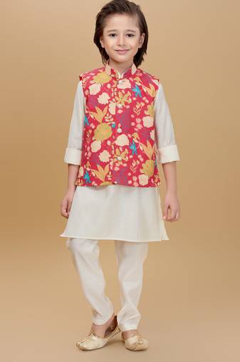 Red printed cotton silk kurta pajama nehru jacket set