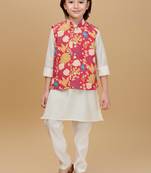 Red printed cotton silk kurta pajama nehru jacket set