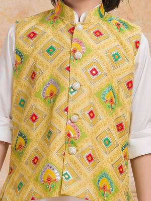 Yellow printed cotton silk kurta pajama nehru jacket set 5
