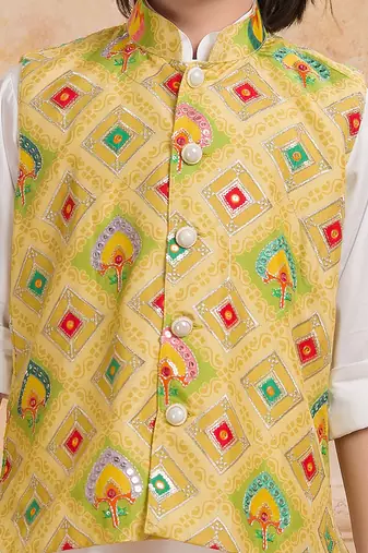 Yellow printed cotton silk kurta pajama nehru jacket set