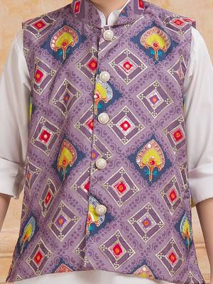 Lilac printed cotton silk kurta pajama nehru jacket set 5