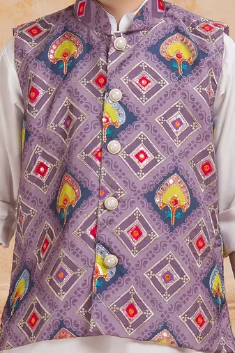 Lilac printed cotton silk kurta pajama nehru jacket set