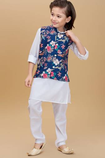 Navyblue printed cotton silk kurta pajama nehru jacket set