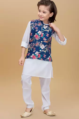 Navyblue printed cotton silk kurta pajama nehru jacket set