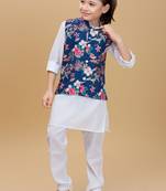 Navyblue printed cotton silk kurta pajama nehru jacket set