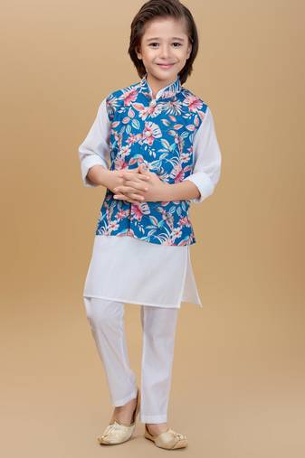 Blue printed cotton silk kurta pajama nehru jacket set