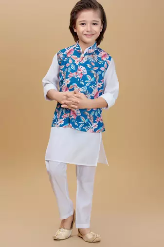 Blue printed cotton silk kurta pajama nehru jacket set