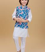 Blue printed cotton silk kurta pajama nehru jacket set