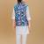 Blue printed cotton silk kurta pajama nehru jacket set