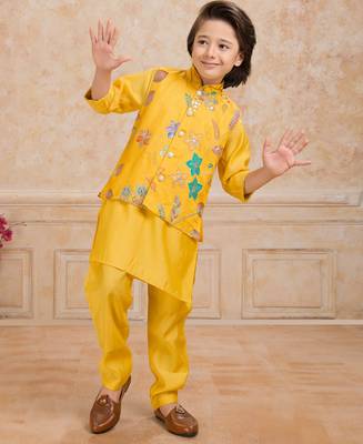 Yelow embelished cotton silk kurta pajama nehru jacket set 1