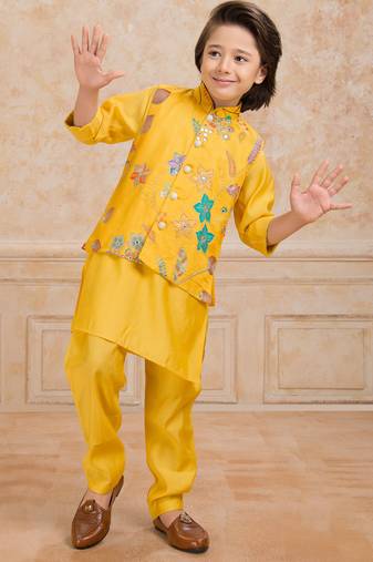 Yelow embelished cotton silk kurta pajama nehru jacket set