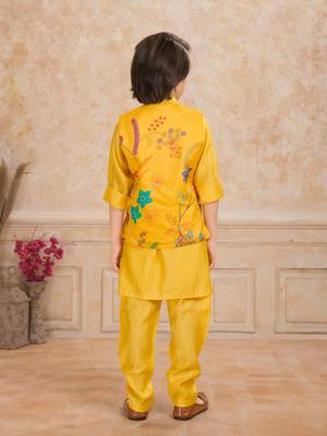 Yelow embelished cotton silk kurta pajama nehru jacket set 2