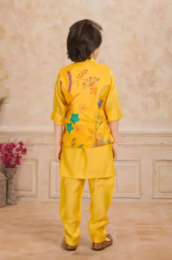 Yelow embelished cotton silk kurta pajama nehru jacket set